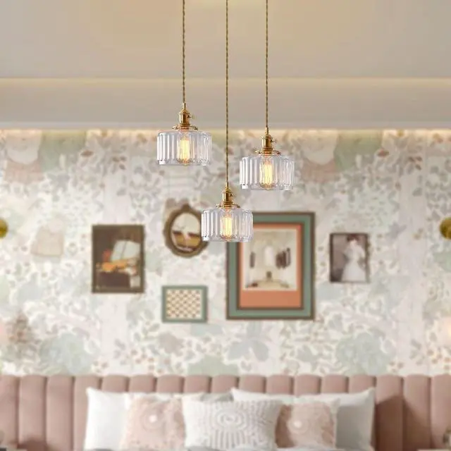 Alt view image 7 of 7 - Cluster 3-Light Kitchen Sink Chandelier Glass Ceiling Pendant Light | Clear Striped Glass Shade Mid Century Modern Chandelier Brushed Gold Brass Hanging Light Fixture Multi Chandelier Dining room