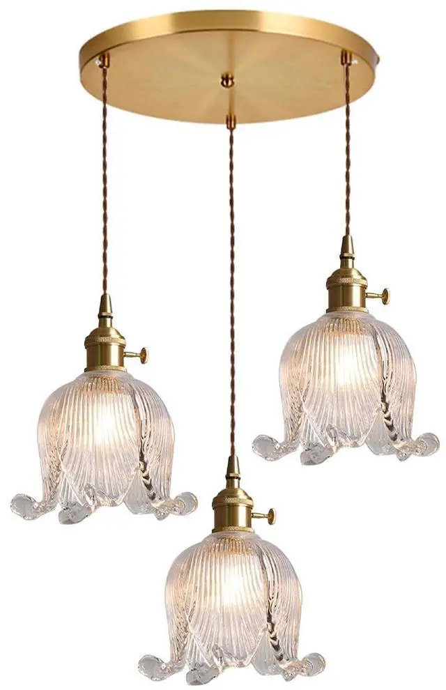 Main image of 3-Lights Cluster Pendant Light Kitchen Island Glass Chandelier Clear Flower Ceiling Pendant Light Nordic Modern Ceiling Hanging Lamp Gold Brass Finish for Stairwell Dining Room