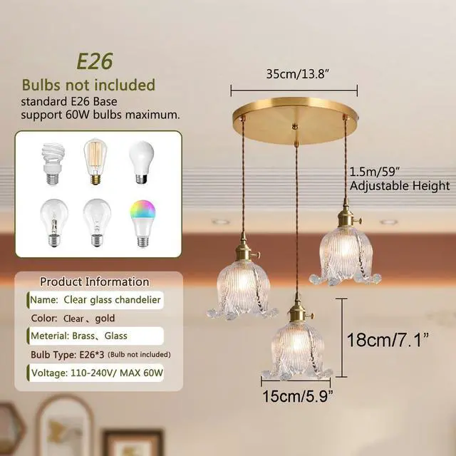 Alt view image 2 of 7 - 3-Lights Cluster Pendant Light Kitchen Island Glass Chandelier Clear Flower Ceiling Pendant Light Nordic Modern Ceiling Hanging Lamp Gold Brass Finish for Stairwell Dining Room