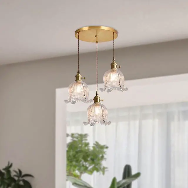 Alt view image 3 of 7 - 3-Lights Cluster Pendant Light Kitchen Island Glass Chandelier Clear Flower Ceiling Pendant Light Nordic Modern Ceiling Hanging Lamp Gold Brass Finish for Stairwell Dining Room