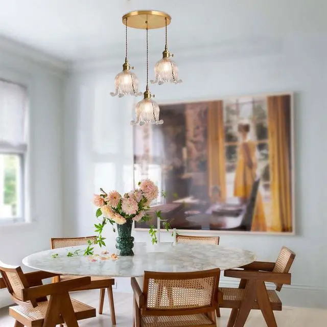 Alt view image 4 of 7 - 3-Lights Cluster Pendant Light Kitchen Island Glass Chandelier Clear Flower Ceiling Pendant Light Nordic Modern Ceiling Hanging Lamp Gold Brass Finish for Stairwell Dining Room