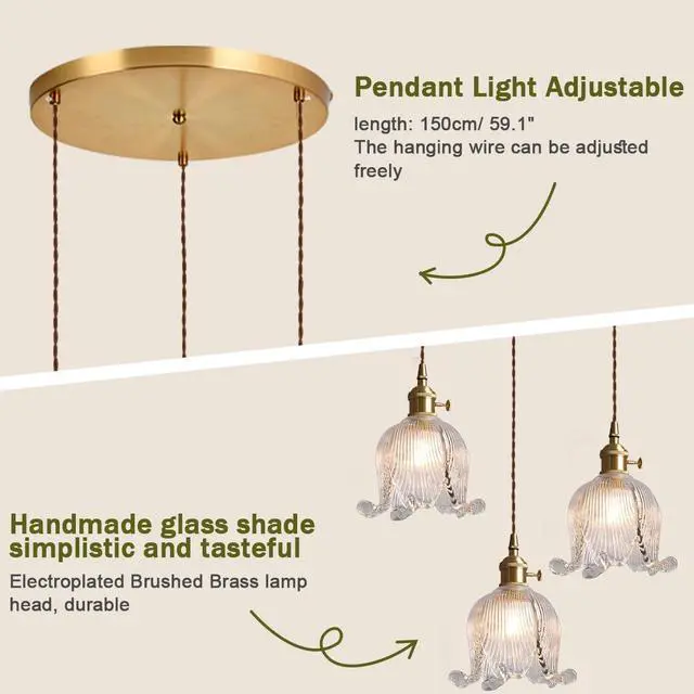 Alt view image 5 of 7 - 3-Lights Cluster Pendant Light Kitchen Island Glass Chandelier Clear Flower Ceiling Pendant Light Nordic Modern Ceiling Hanging Lamp Gold Brass Finish for Stairwell Dining Room