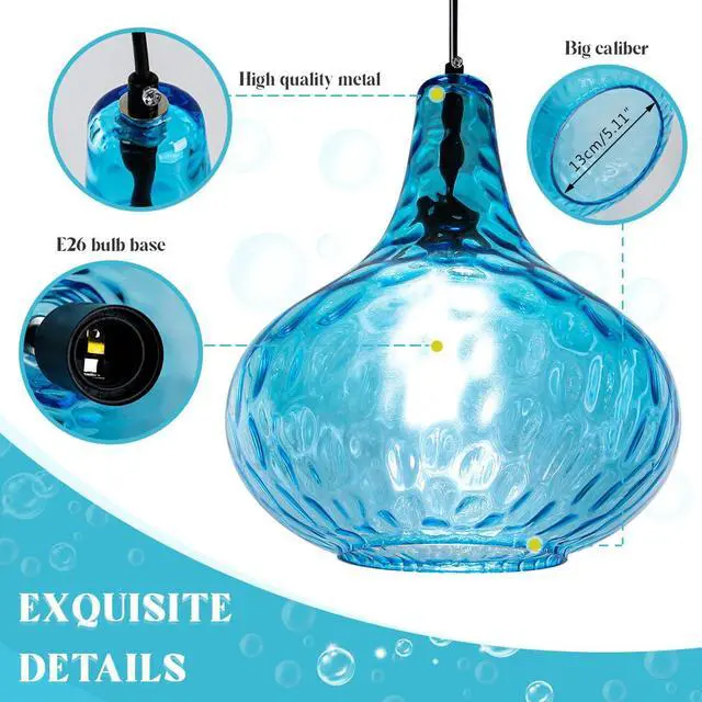 Alt view image 3 of 7 - Mid Century Chandelier 3-Lights Blue Glass Cluster Pendant Lights | Modern Chandelier 3-Head 9.45 Hammered Glass Shade E26 Base, Adjustable Height Black Finish,Kitchen,Farmhouse,Dining room