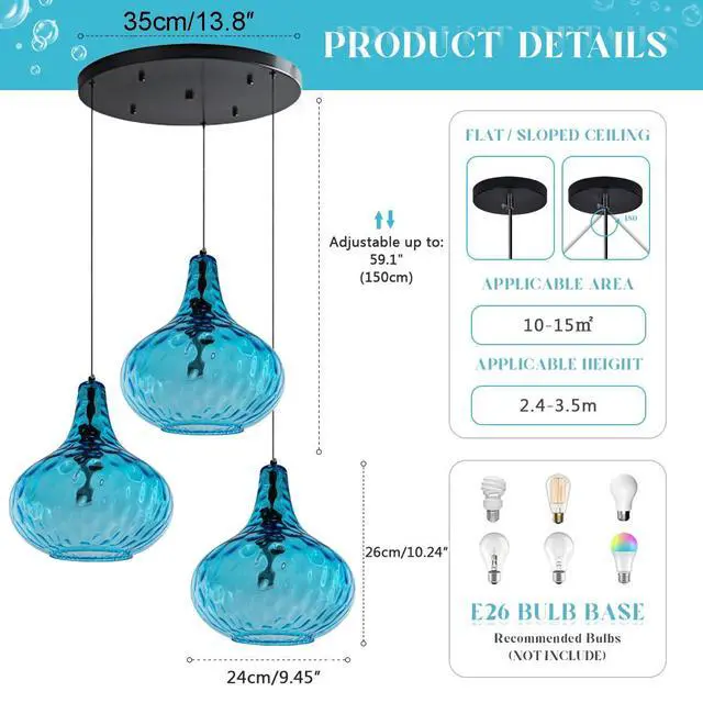 Alt view image 2 of 7 - Mid Century Chandelier 3-Lights Blue Glass Cluster Pendant Lights | Modern Chandelier 3-Head 9.45 Hammered Glass Shade E26 Base, Adjustable Height Black Finish,Kitchen,Farmhouse,Dining room