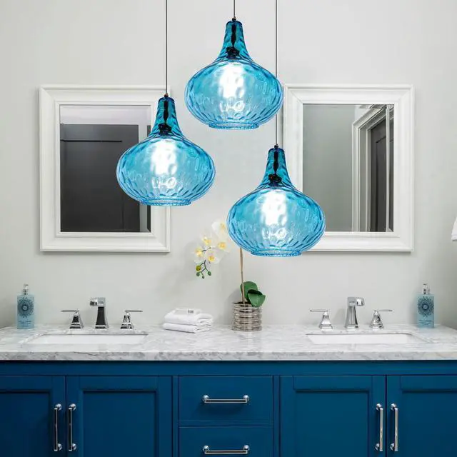 Alt view image 4 of 7 - Mid Century Chandelier 3-Lights Blue Glass Cluster Pendant Lights | Modern Chandelier 3-Head 9.45 Hammered Glass Shade E26 Base, Adjustable Height Black Finish,Kitchen,Farmhouse,Dining room