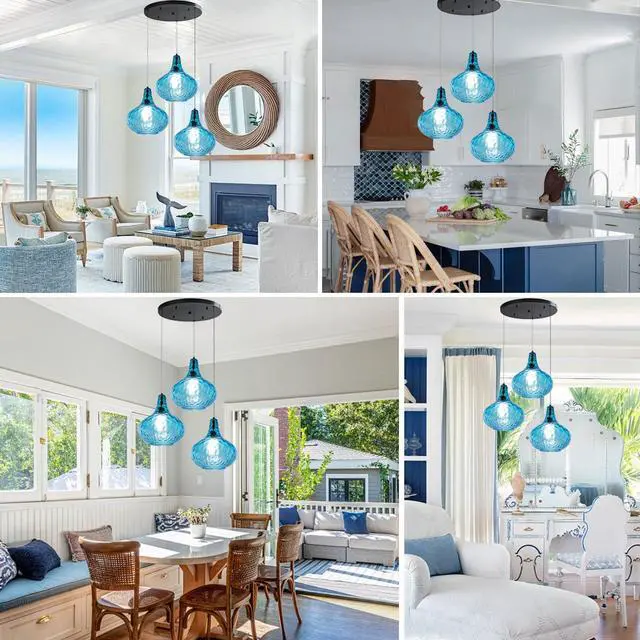 Alt view image 6 of 7 - Mid Century Chandelier 3-Lights Blue Glass Cluster Pendant Lights | Modern Chandelier 3-Head 9.45 Hammered Glass Shade E26 Base, Adjustable Height Black Finish,Kitchen,Farmhouse,Dining room