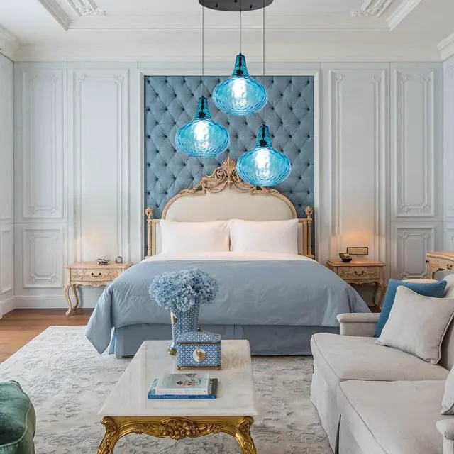 Alt view image 5 of 7 - Mid Century Chandelier 3-Lights Blue Glass Cluster Pendant Lights | Modern Chandelier 3-Head 9.45 Hammered Glass Shade E26 Base, Adjustable Height Black Finish,Kitchen,Farmhouse,Dining room