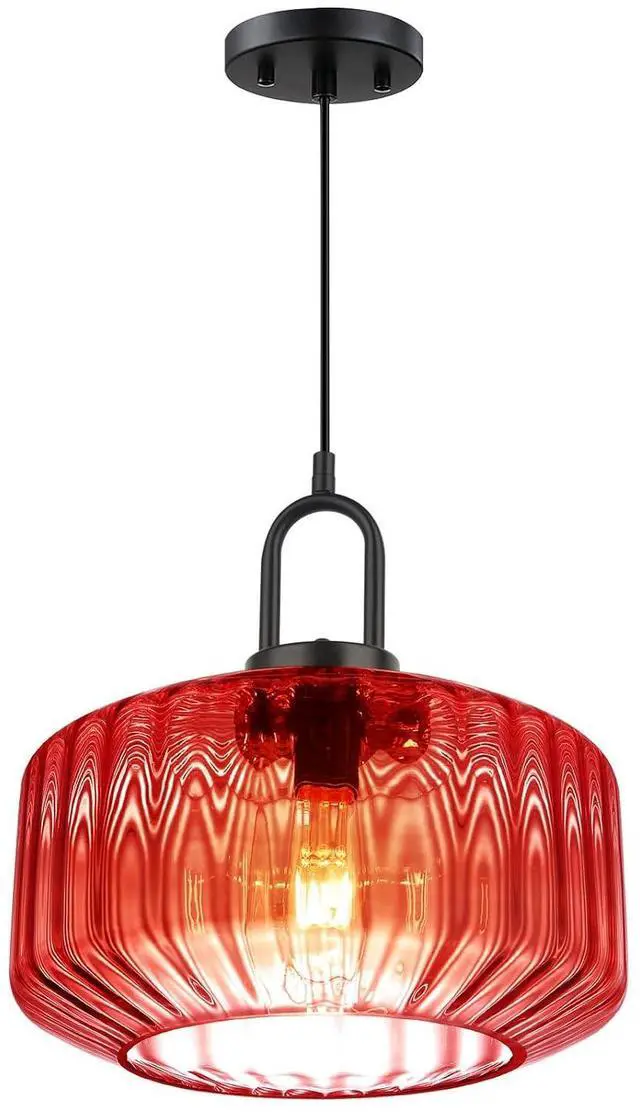 Main image of Kitchen Island Pendant Light Fixture Red Glass Hanging Lights with 11" Hand Blown Glass Shade Vintage Modern Ceiling Pendant Lighting Black Metal Finish Dining Room Adjustable Height