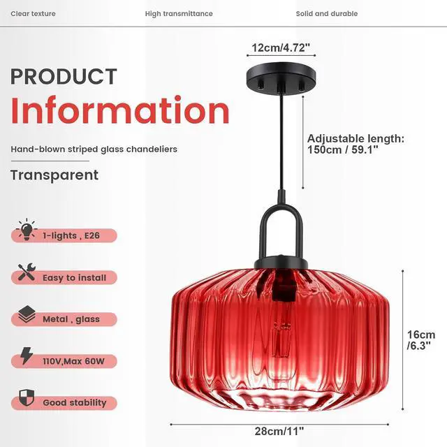 Alt view image 2 of 7 - Kitchen Island Pendant Light Fixture Red Glass Hanging Lights with 11" Hand Blown Glass Shade Vintage Modern Ceiling Pendant Lighting Black Metal Finish Dining Room Adjustable Height