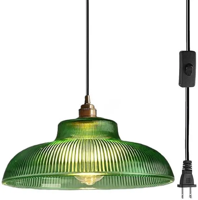 Main image of Round Hanging Lamp Plug in Pendant Light Cord Vintage Modern Hanging Lamp Grass Green Dome Shade Gold Mid Century Plug in Ceiling Pendant Light Fixture for Living Room Kitchen Sink