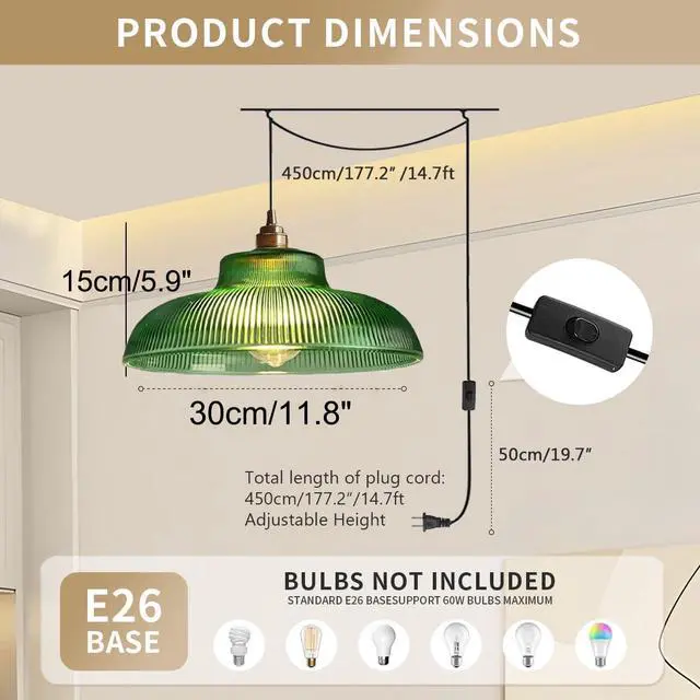 Alt view image 2 of 7 - Round Hanging Lamp Plug in Pendant Light Cord Vintage Modern Hanging Lamp Grass Green Dome Shade Gold Mid Century Plug in Ceiling Pendant Light Fixture for Living Room Kitchen Sink