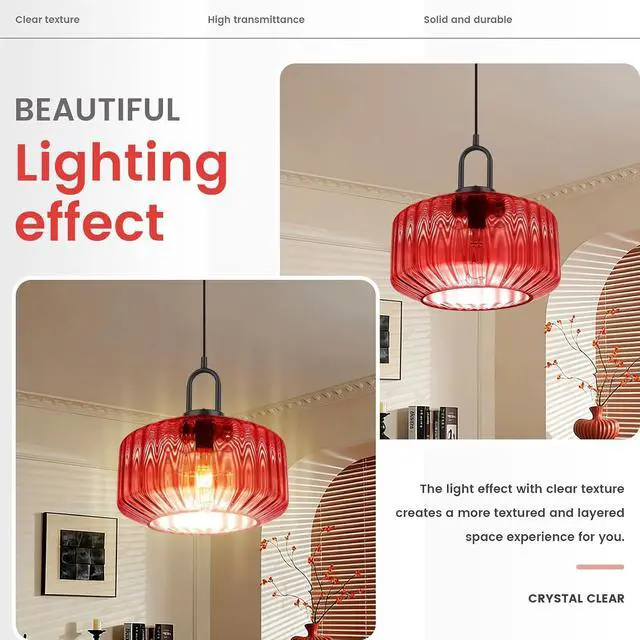 Alt view image 4 of 7 - Kitchen Island Pendant Light Fixture Red Glass Hanging Lights with 11" Hand Blown Glass Shade Vintage Modern Ceiling Pendant Lighting Black Metal Finish Dining Room Adjustable Height