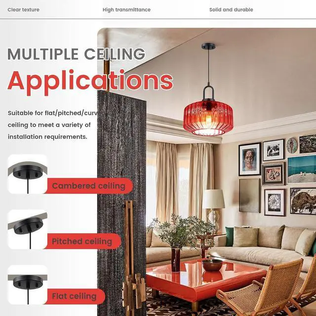 Alt view image 5 of 7 - Kitchen Island Pendant Light Fixture Red Glass Hanging Lights with 11" Hand Blown Glass Shade Vintage Modern Ceiling Pendant Lighting Black Metal Finish Dining Room Adjustable Height