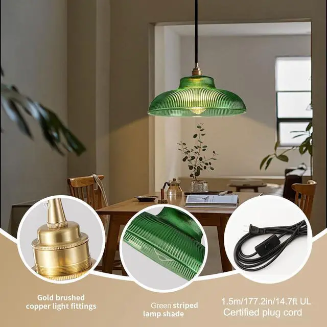 Alt view image 3 of 7 - Round Hanging Lamp Plug in Pendant Light Cord Vintage Modern Hanging Lamp Grass Green Dome Shade Gold Mid Century Plug in Ceiling Pendant Light Fixture for Living Room Kitchen Sink
