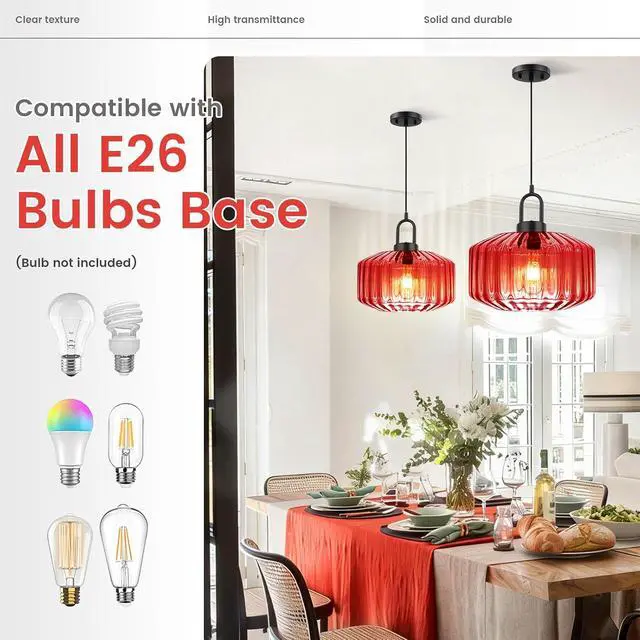 Alt view image 6 of 7 - Kitchen Island Pendant Light Fixture Red Glass Hanging Lights with 11" Hand Blown Glass Shade Vintage Modern Ceiling Pendant Lighting Black Metal Finish Dining Room Adjustable Height