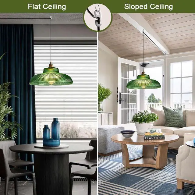 Alt view image 4 of 7 - Round Hanging Lamp Plug in Pendant Light Cord Vintage Modern Hanging Lamp Grass Green Dome Shade Gold Mid Century Plug in Ceiling Pendant Light Fixture for Living Room Kitchen Sink