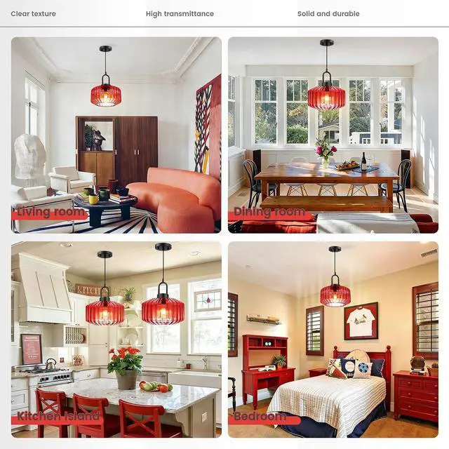 Alt view image 7 of 7 - Kitchen Island Pendant Light Fixture Red Glass Hanging Lights with 11" Hand Blown Glass Shade Vintage Modern Ceiling Pendant Lighting Black Metal Finish Dining Room Adjustable Height