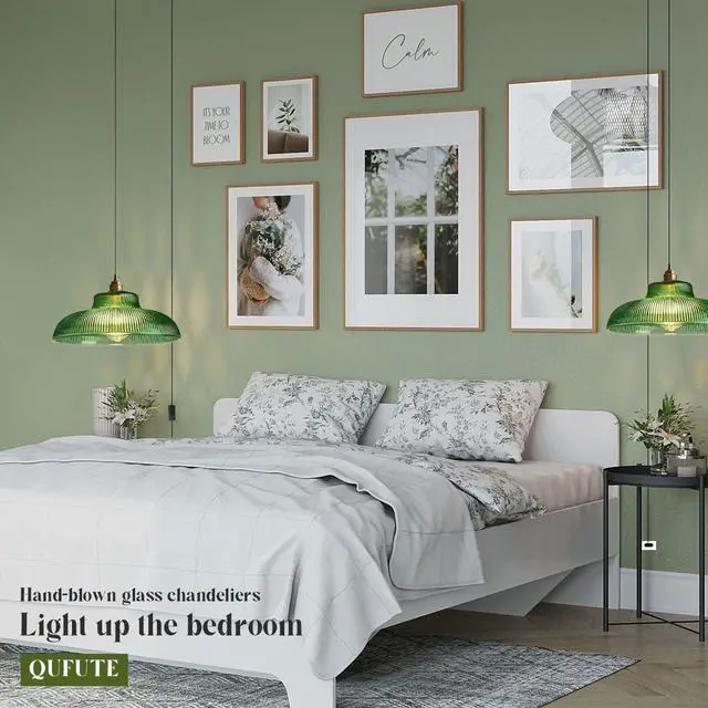 Alt view image 5 of 7 - Round Hanging Lamp Plug in Pendant Light Cord Vintage Modern Hanging Lamp Grass Green Dome Shade Gold Mid Century Plug in Ceiling Pendant Light Fixture for Living Room Kitchen Sink