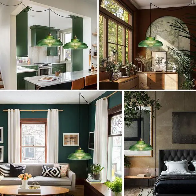 Alt view image 7 of 7 - Round Hanging Lamp Plug in Pendant Light Cord Vintage Modern Hanging Lamp Grass Green Dome Shade Gold Mid Century Plug in Ceiling Pendant Light Fixture for Living Room Kitchen Sink