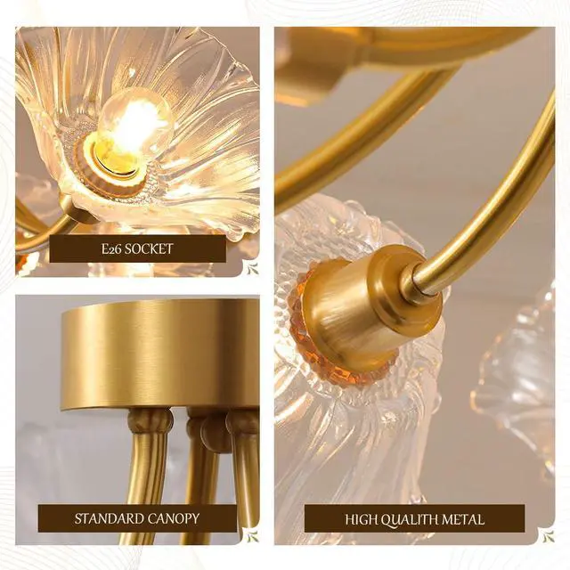 Alt view image 3 of 7 - Semi-Flush Mount Ceiling Lights Fixtures Mid Century Modern Ceiling Lamp with Clear Glass Flower Shade Glass 5-Lights Chandelier Gold Brass Ceiling Lighting for Bedroom Dining Room