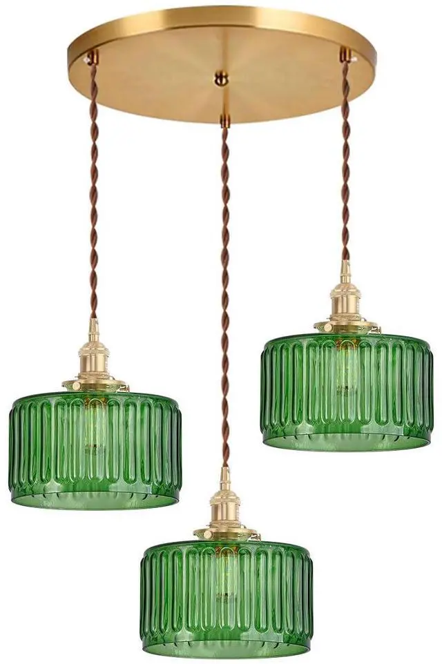 Main image of Mid Century Ceiling Hanging Light Green Striped Glass Shade Chandelier Pendant Light Fixtures Gold Pendant Lamp for Living Room Bedroom Dining Room Hallway (Green-3)