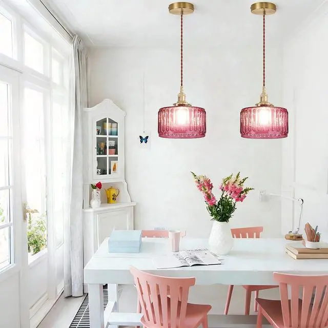 Alt view image 6 of 7 - Vintage Glass Pendant Light Fixture Kitchen Island Hanging Lights Striped Glass Chandelier Lamps Gold Finish Pendant Lighting Over Sink Industrial Lighting fixtures for Dining Bedroom