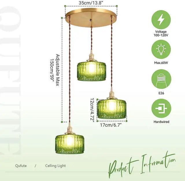 Alt view image 2 of 7 - Mid Century Ceiling Hanging Light Green Striped Glass Shade Chandelier Pendant Light Fixtures Gold Pendant Lamp for Living Room Bedroom Dining Room Hallway (Green-3)