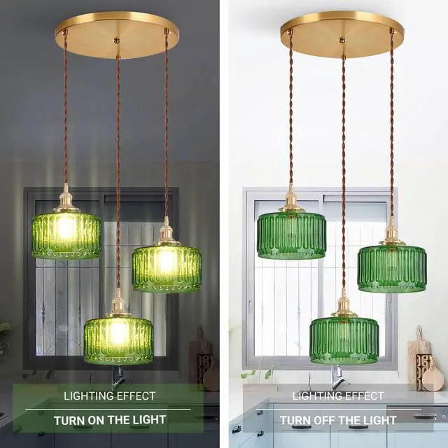 Alt view image 3 of 7 - Mid Century Ceiling Hanging Light Green Striped Glass Shade Chandelier Pendant Light Fixtures Gold Pendant Lamp for Living Room Bedroom Dining Room Hallway (Green-3)