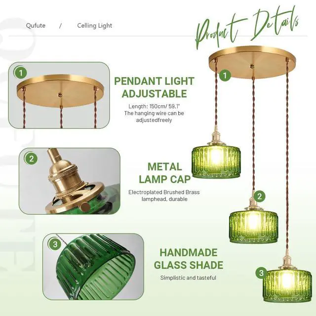Alt view image 3 of 7 - 3-Light Modern Chandelier Pendant Light - Mid Century Sputnik Glass Globe With Green Striped Shade, Gold Adjustable Ceiling Lamp for Dining Room