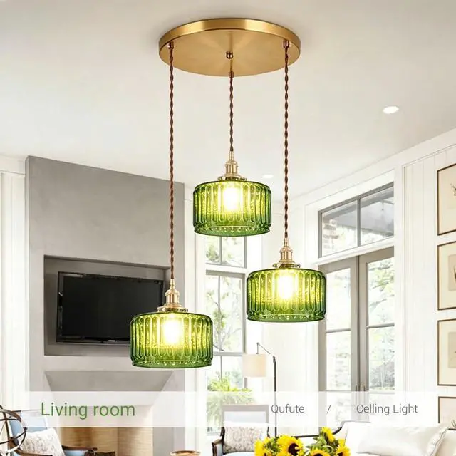 Alt view image 5 of 7 - 3-Light Modern Chandelier Pendant Light - Mid Century Sputnik Glass Globe With Green Striped Shade, Gold Adjustable Ceiling Lamp for Dining Room