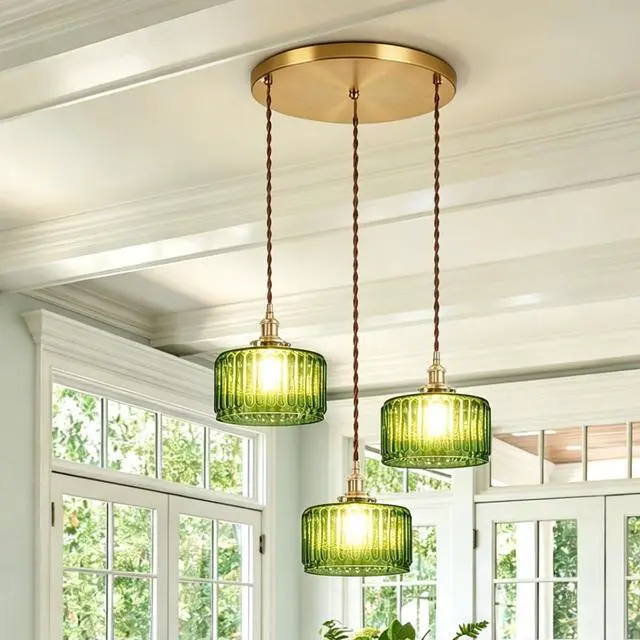 Alt view image 6 of 7 - Mid Century Ceiling Hanging Light Green Striped Glass Shade Chandelier Pendant Light Fixtures Gold Pendant Lamp for Living Room Bedroom Dining Room Hallway (Green-3)