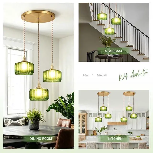 Alt view image 4 of 7 - 3-Light Modern Chandelier Pendant Light - Mid Century Sputnik Glass Globe With Green Striped Shade, Gold Adjustable Ceiling Lamp for Dining Room