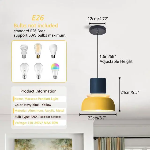 Alt view image 2 of 7 - 2-Lights Mid Century Pendant Light Kitchen Window Nordic Hanging Lights Yellow Colorful Drum Shade Unique Aluminum Dome Lampshade Adjustable Pendant Lighting Schoolhouse Light Fixture