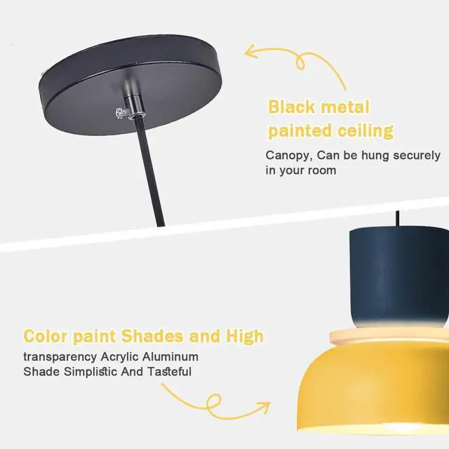 Alt view image 4 of 7 - 2-Lights Mid Century Pendant Light Kitchen Window Nordic Hanging Lights Yellow Colorful Drum Shade Unique Aluminum Dome Lampshade Adjustable Pendant Lighting Schoolhouse Light Fixture