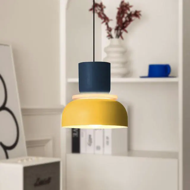 Alt view image 5 of 7 - Macaron Pendant Light Nordic Modern Pendant Lights with Navy Blue Yellow Color Aluminum Barn Shade Colorful Chandelier Mid Century Modern Pendant Lighting Dining Room Kitchen Island