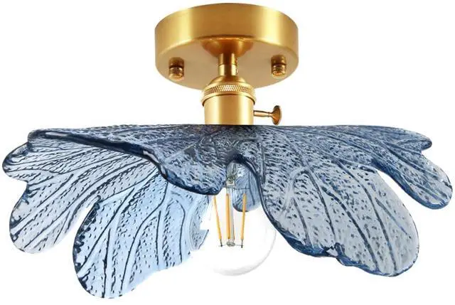 Main image of Glass Flush Mount Ceiling Light, Mid Century Modern Ceiling Light Fixtures with Blue Flower Shade Gold Brass Ceiling Lamp Vintage Semi Flush Mount Ceiling Light for Hallway Bedroom