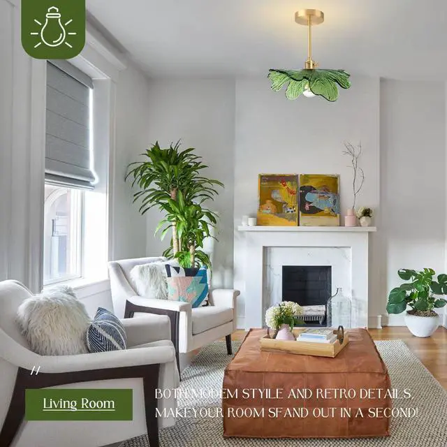 Alt view image 3 of 7 - Mid Century Ceiling Light Fixtures Green Flower Glass Ceiling Lamps | Vintage Modern Style Gold Brass 1-Light Ceiling Fixture ,D12.99"*H12.6" E26 Base,Farmhouse ,Kitchen ,Foyer ,Hallway,Porch