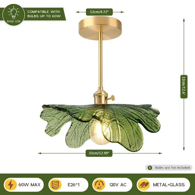 Alt view image 2 of 7 - Mid Century Ceiling Light Fixtures Green Flower Glass Ceiling Lamps | Vintage Modern Style Gold Brass 1-Light Ceiling Fixture ,D12.99"*H12.6" E26 Base,Farmhouse ,Kitchen ,Foyer ,Hallway,Porch