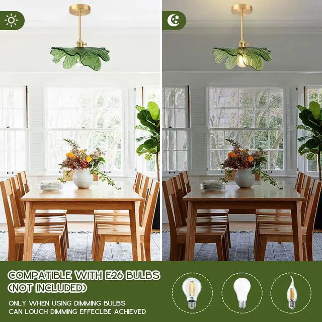 Alt view image 4 of 7 - Mid Century Ceiling Light Fixtures Green Flower Glass Ceiling Lamps | Vintage Modern Style Gold Brass 1-Light Ceiling Fixture ,D12.99"*H12.6" E26 Base,Farmhouse ,Kitchen ,Foyer ,Hallway,Porch