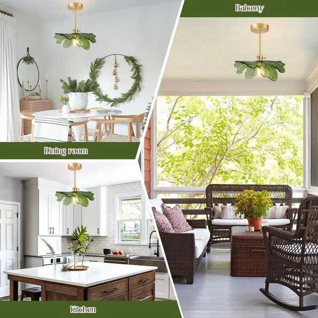 Alt view image 6 of 7 - Mid Century Ceiling Light Fixtures Green Flower Glass Ceiling Lamps | Vintage Modern Style Gold Brass 1-Light Ceiling Fixture ,D12.99"*H12.6" E26 Base,Farmhouse ,Kitchen ,Foyer ,Hallway,Porch