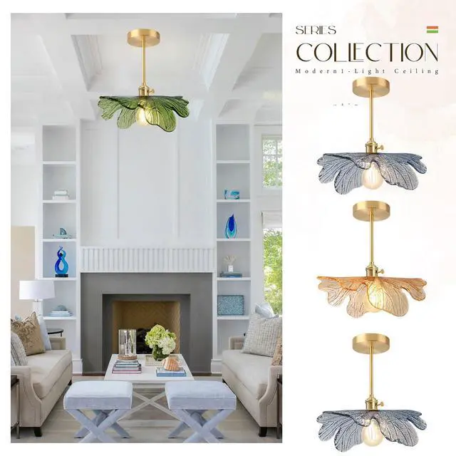 Alt view image 7 of 7 - Mid Century Ceiling Light Fixtures Green Flower Glass Ceiling Lamps | Vintage Modern Style Gold Brass 1-Light Ceiling Fixture ,D12.99"*H12.6" E26 Base,Farmhouse ,Kitchen ,Foyer ,Hallway,Porch
