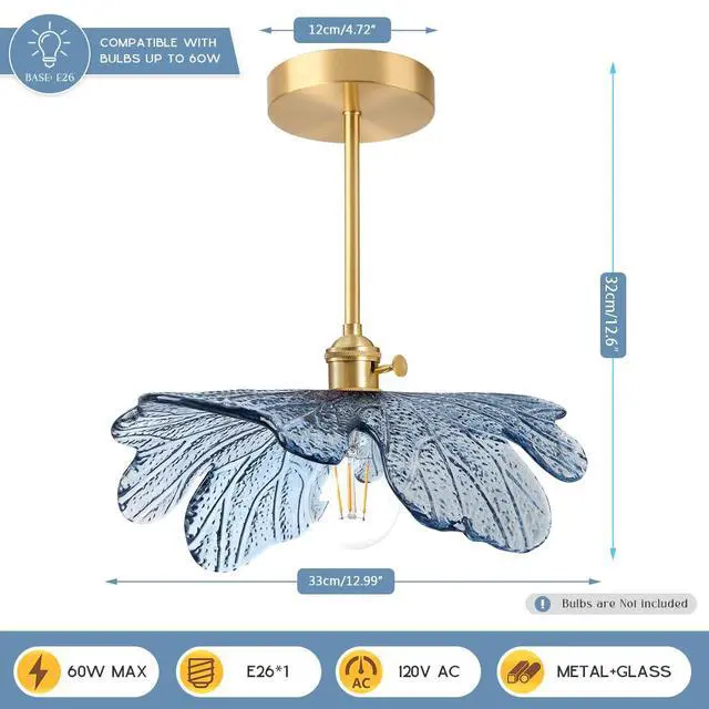 Alt view image 2 of 7 - Semi Flush Mount Ceiling Light Blue Flower Shade Mid Century Modern | 12.99" Blue Hand-Blown Glass Shade,Gold Brass Finish Ceiling Fixture ,E26 Base,Farmhouse ,Kitchen ,Dining Room ,Hallway