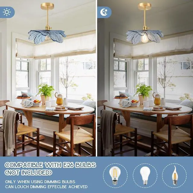 Alt view image 4 of 7 - Semi Flush Mount Ceiling Light Blue Flower Shade Mid Century Modern | 12.99" Blue Hand-Blown Glass Shade,Gold Brass Finish Ceiling Fixture ,E26 Base,Farmhouse ,Kitchen ,Dining Room ,Hallway