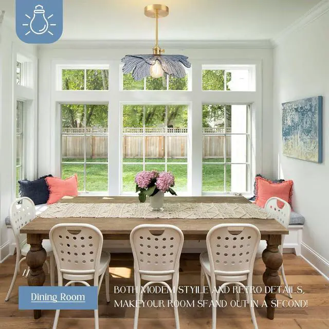 Alt view image 5 of 7 - Semi Flush Mount Ceiling Light Blue Flower Shade Mid Century Modern | 12.99" Blue Hand-Blown Glass Shade,Gold Brass Finish Ceiling Fixture ,E26 Base,Farmhouse ,Kitchen ,Dining Room ,Hallway