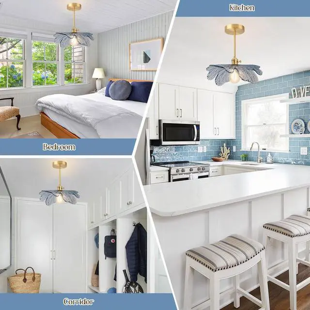 Alt view image 6 of 7 - Semi Flush Mount Ceiling Light Blue Flower Shade Mid Century Modern | 12.99" Blue Hand-Blown Glass Shade,Gold Brass Finish Ceiling Fixture ,E26 Base,Farmhouse ,Kitchen ,Dining Room ,Hallway