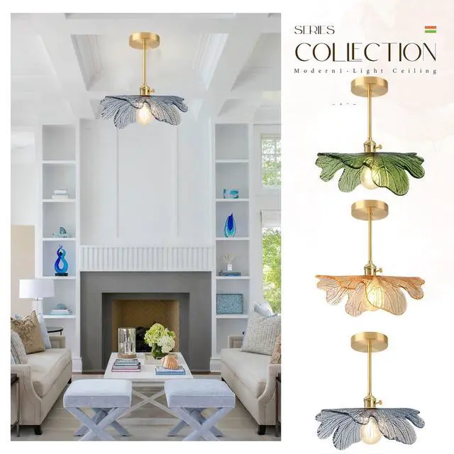 Alt view image 7 of 7 - Semi Flush Mount Ceiling Light Blue Flower Shade Mid Century Modern | 12.99" Blue Hand-Blown Glass Shade,Gold Brass Finish Ceiling Fixture ,E26 Base,Farmhouse ,Kitchen ,Dining Room ,Hallway