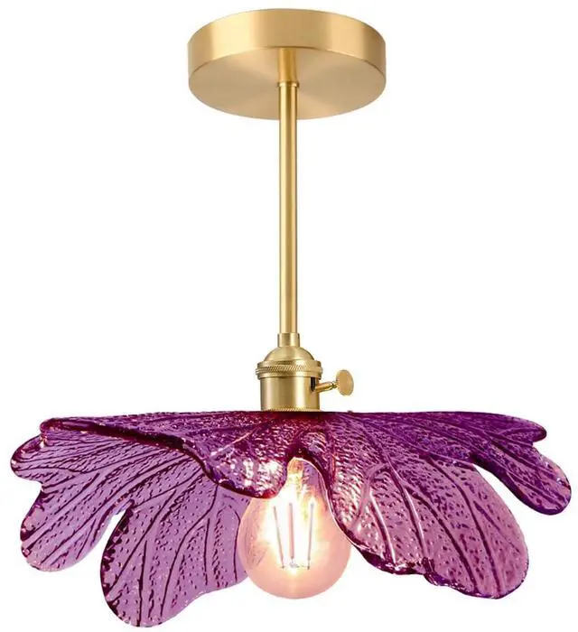 Main image of Mid-Century Modern Flush Mount Ceiling Light Fixture Gold Brass | Mid Century Modern Close-to-Ceiling Light,D12.99" Purple Flower Glass Shade,E26 Base,Entryway,Kitchen ,Foyer,Hallway,Bedroom