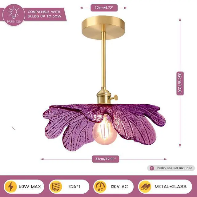 Alt view image 2 of 7 - Mid-Century Modern Flush Mount Ceiling Light Fixture Gold Brass | Mid Century Modern Close-to-Ceiling Light,D12.99" Purple Flower Glass Shade,E26 Base,Entryway,Kitchen ,Foyer,Hallway,Bedroom