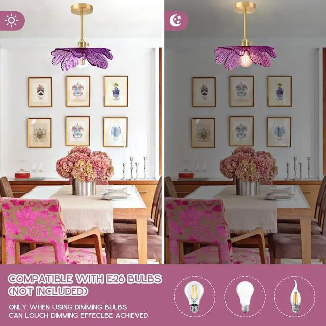 Alt view image 5 of 7 - Mid-Century Modern Flush Mount Ceiling Light Fixture Gold Brass | Mid Century Modern Close-to-Ceiling Light,D12.99" Purple Flower Glass Shade,E26 Base,Entryway,Kitchen ,Foyer,Hallway,Bedroom