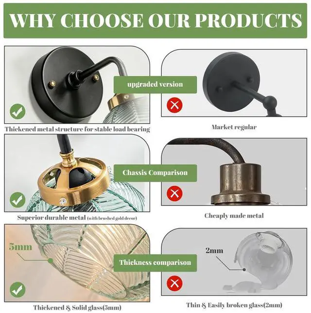 Alt view image 2 of 7 - Green Bathroom Light Fixtures Mid Century Bathroom Vanity Lights | Art Deco Wall Lamp with Ribbed Glass Shade Vintage Modern Sconce Gold Black for Over Mirror Bedroom Hallway 2-Pack